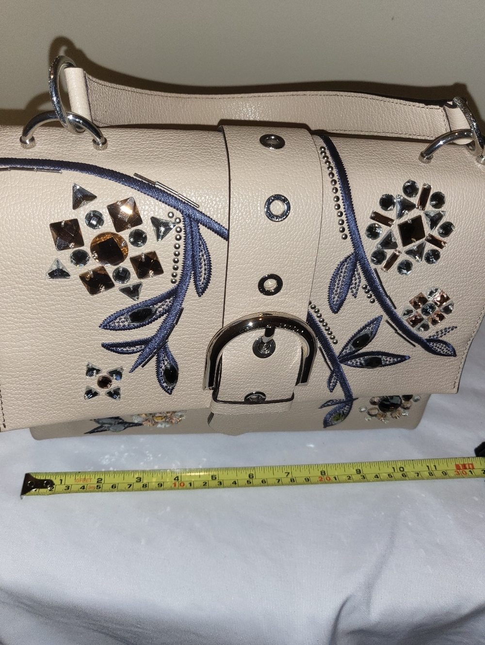 henri bendel Beige Satchel with Blue Floral Embroidery & Crystal Accents - Picture 2 of 10